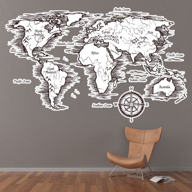 Vintage Black White World Map Wall Sticker - Black And White Wall Decals Ocean