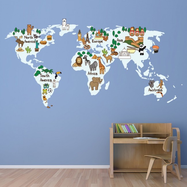 Pale Blue Animal World Map Wall Sticker