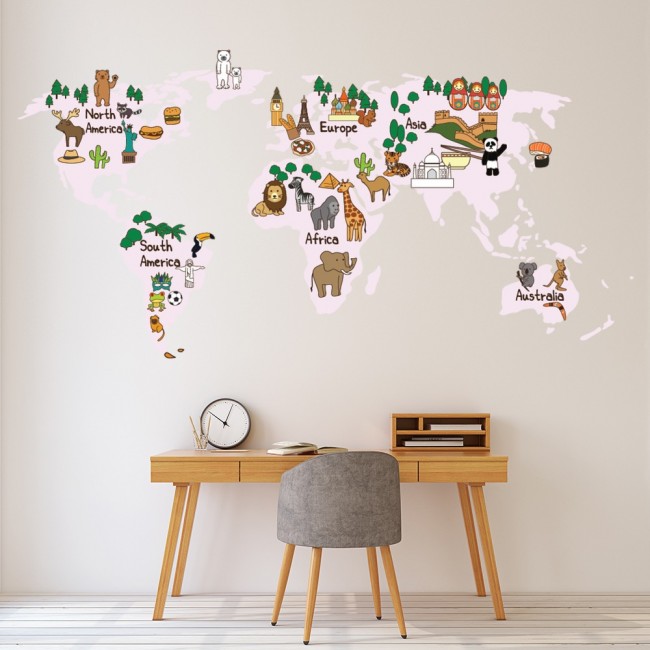 Pale Pink Animal World Map Wall Sticker