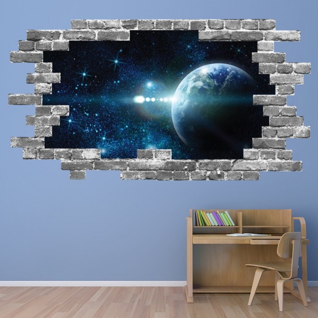Planets Space Galaxy Grey Brick 3d Hole In The Wall Sticker - 3d Galaxy Planets Wall Stickers