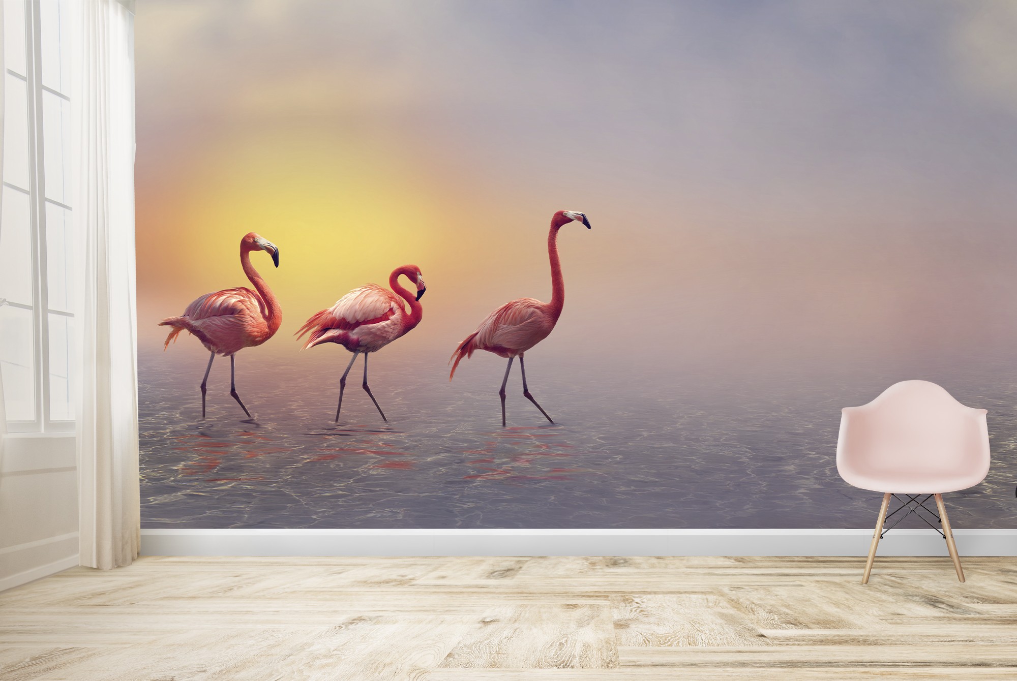 Three Flamingos Wall Mural Wallpaper