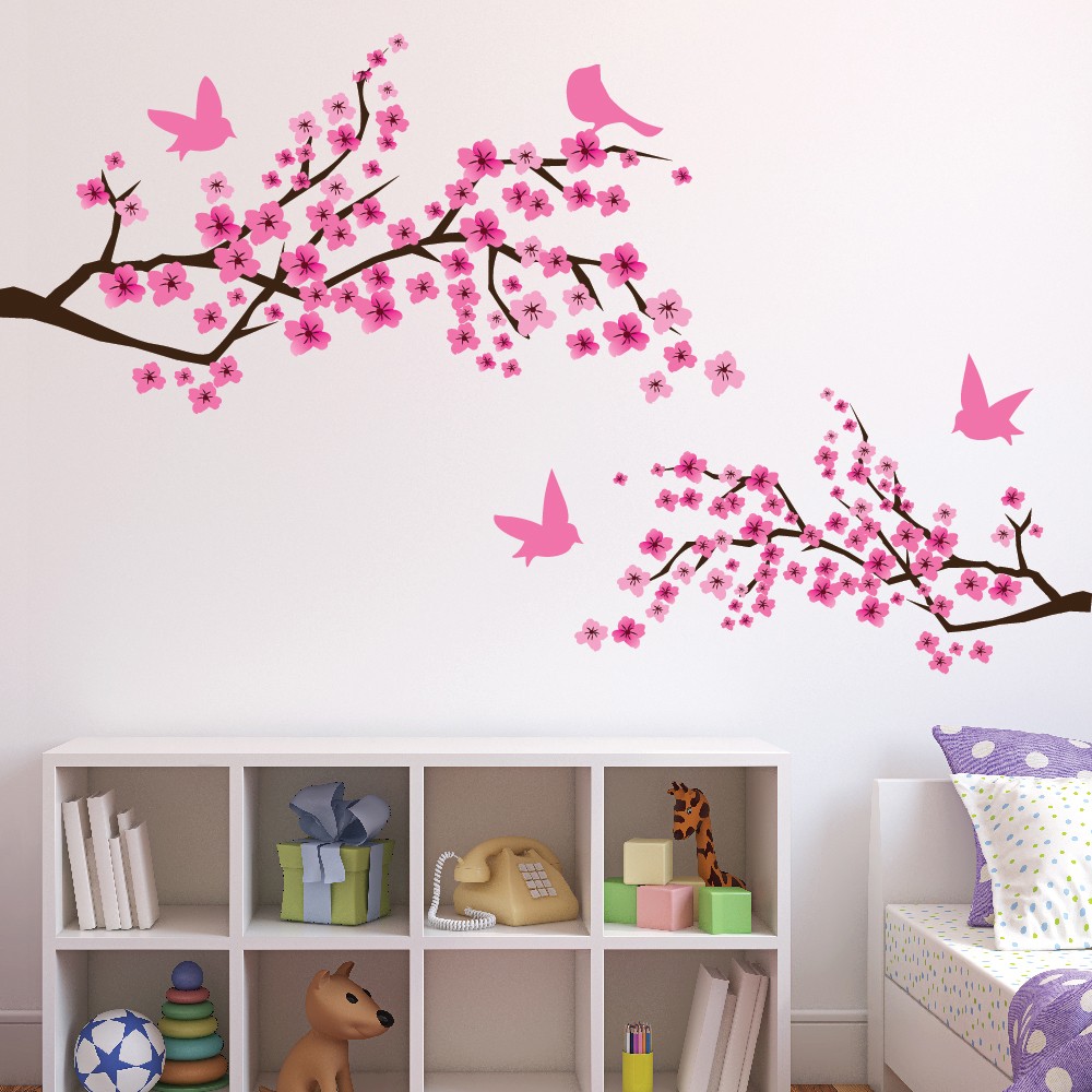 Pink Cherry Blossom Flowers Birds Wall  Sticker  Floral 