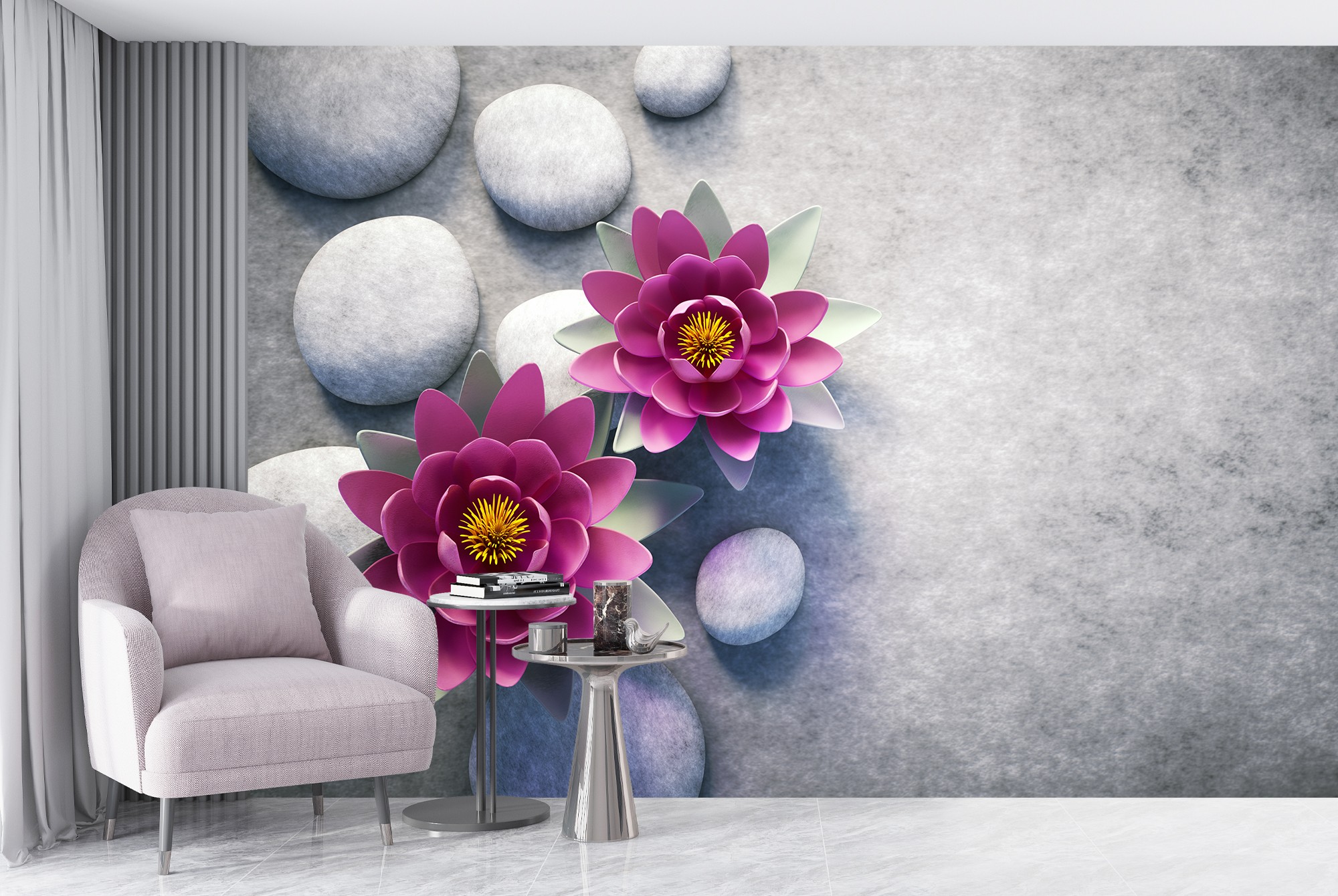 Pink Lotus Flower & Grey Pebble Wall Mural Wallpaper