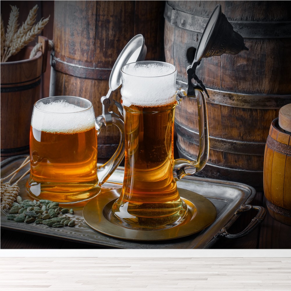 Pint Beer Vintage Barrels Wall Mural Wallpaper