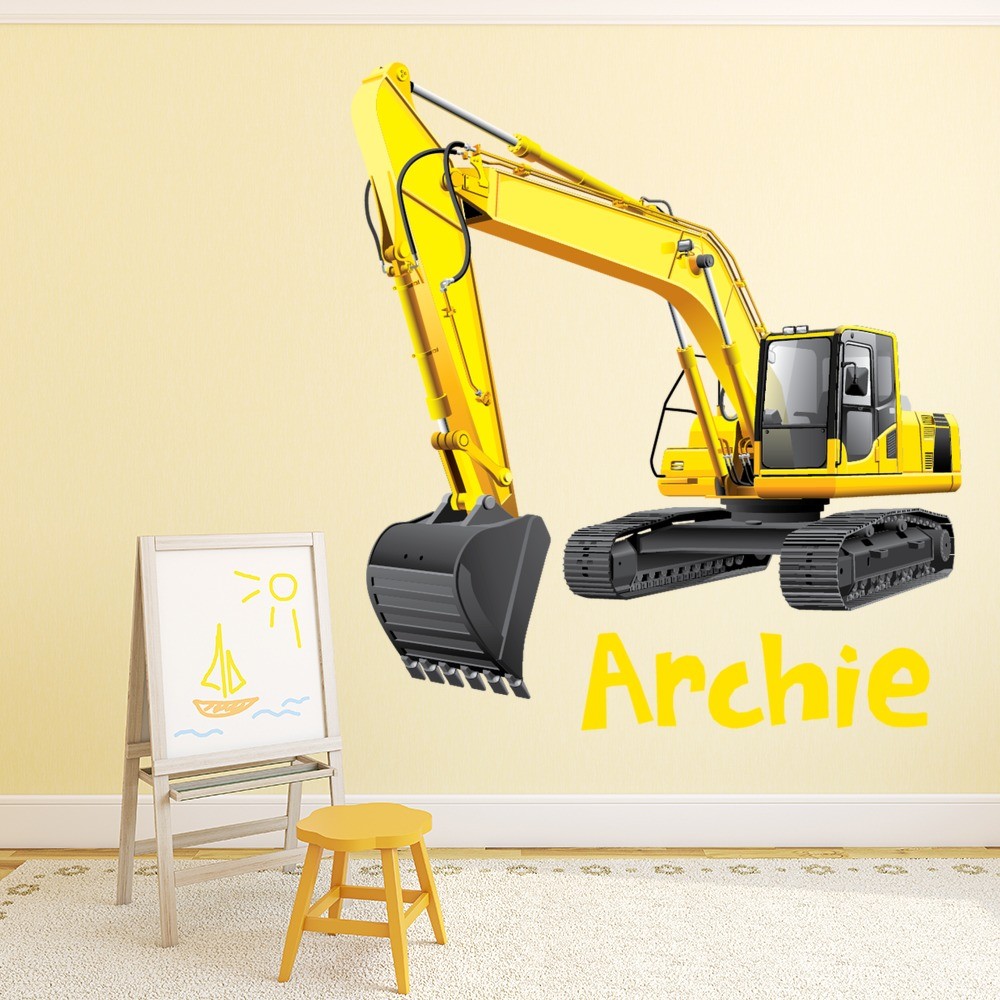 Personalised Name Boys Wall Art Sticker Digger JCB Lorry Tractor Trucks 