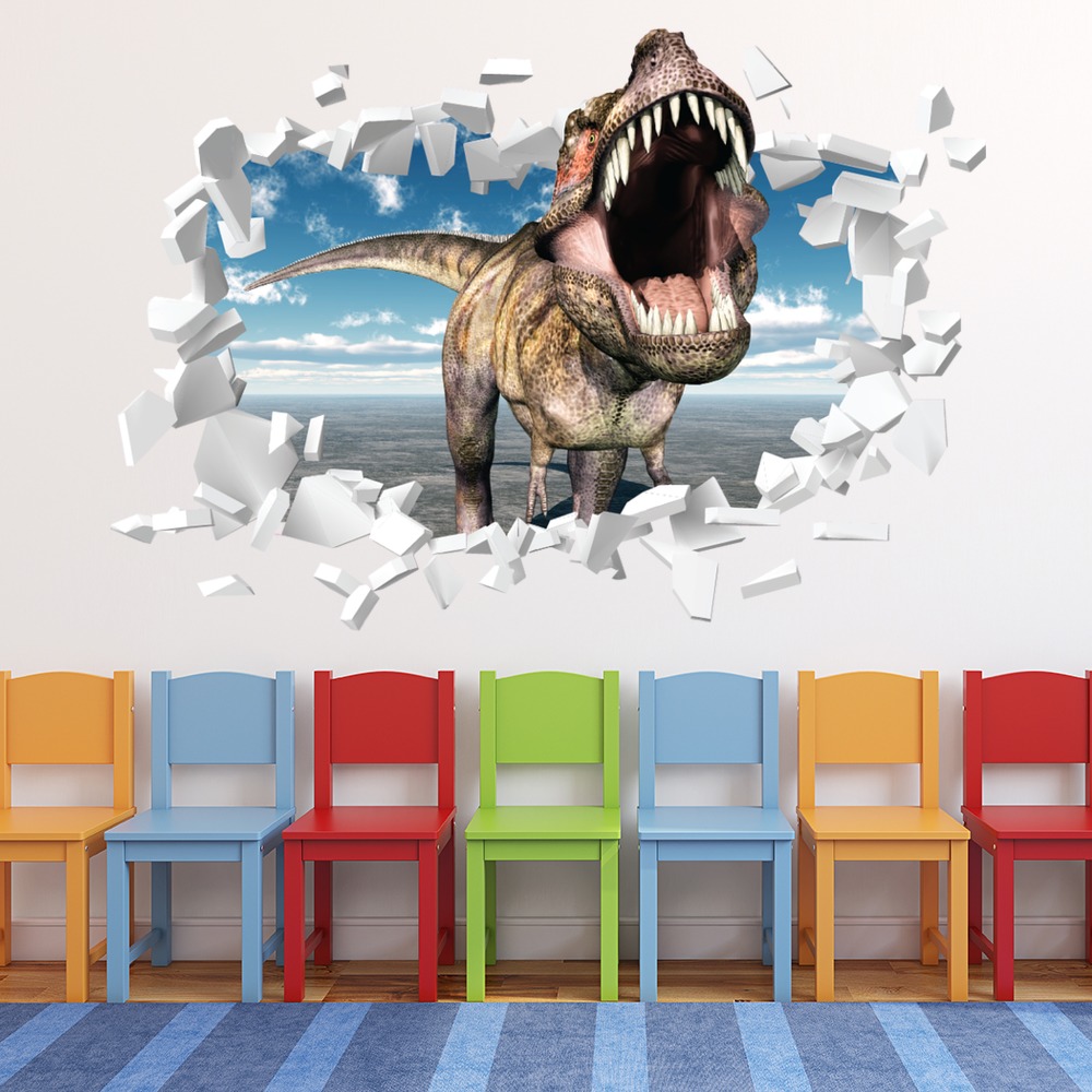 T-Rex Dinosaur Roar White 3D Hole In The Wall Sticker | Icon Wall Stickers