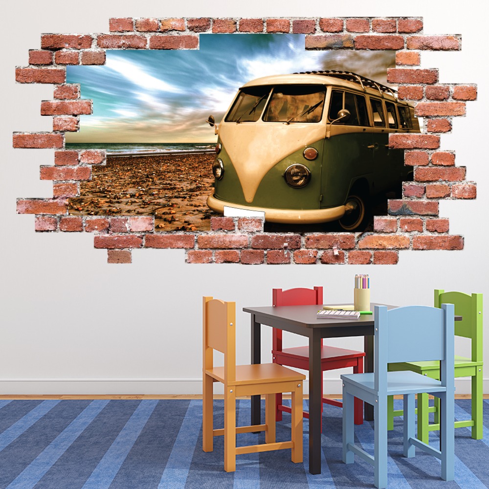Vintage Campervan Red Brick 3D Hole In The Wall Sticker | Icon Wall ...