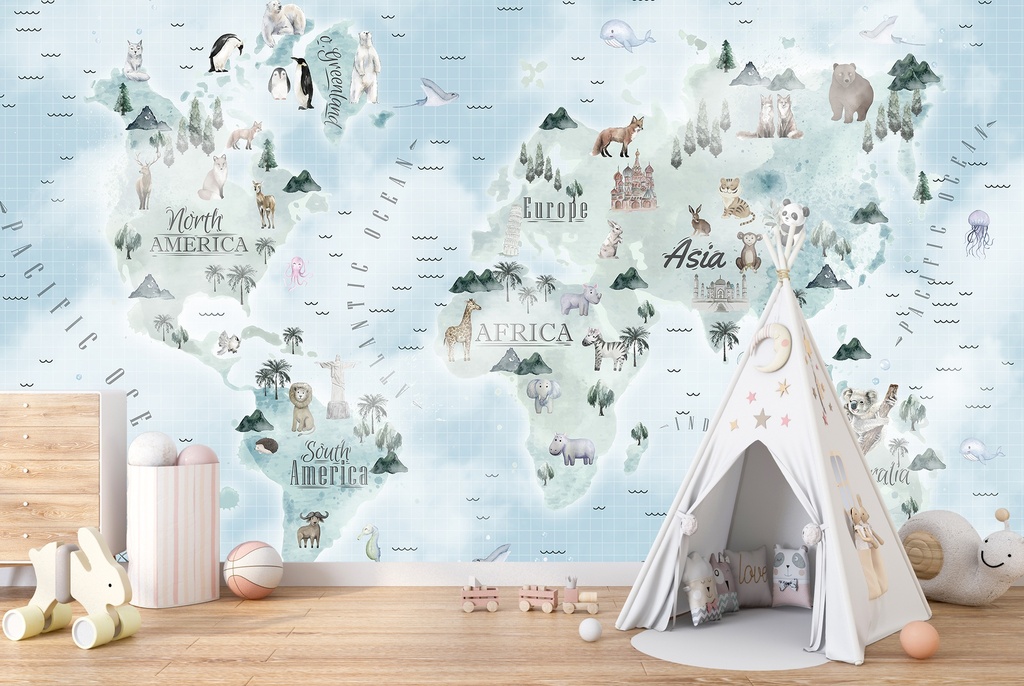 Animals & Continents World Map Childrens Nursery Wall Mural Wallpaper