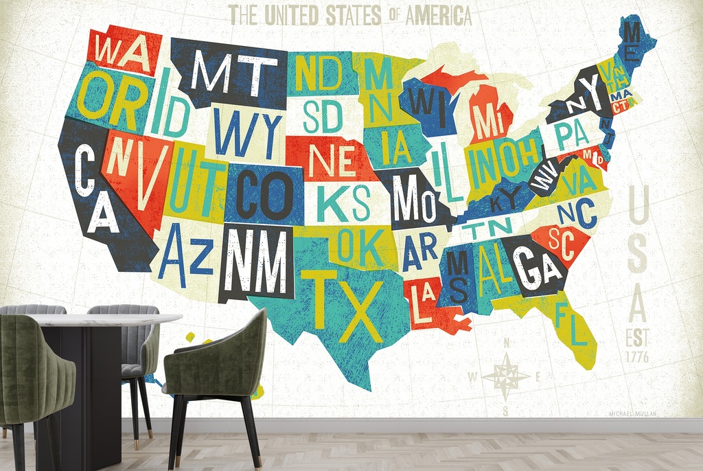 Letterpress USA Map Wall Mural by Michael Mullan