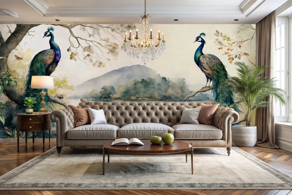 Dusk Peacock Chinoiserie Landscape Wall Mural Wallpaper