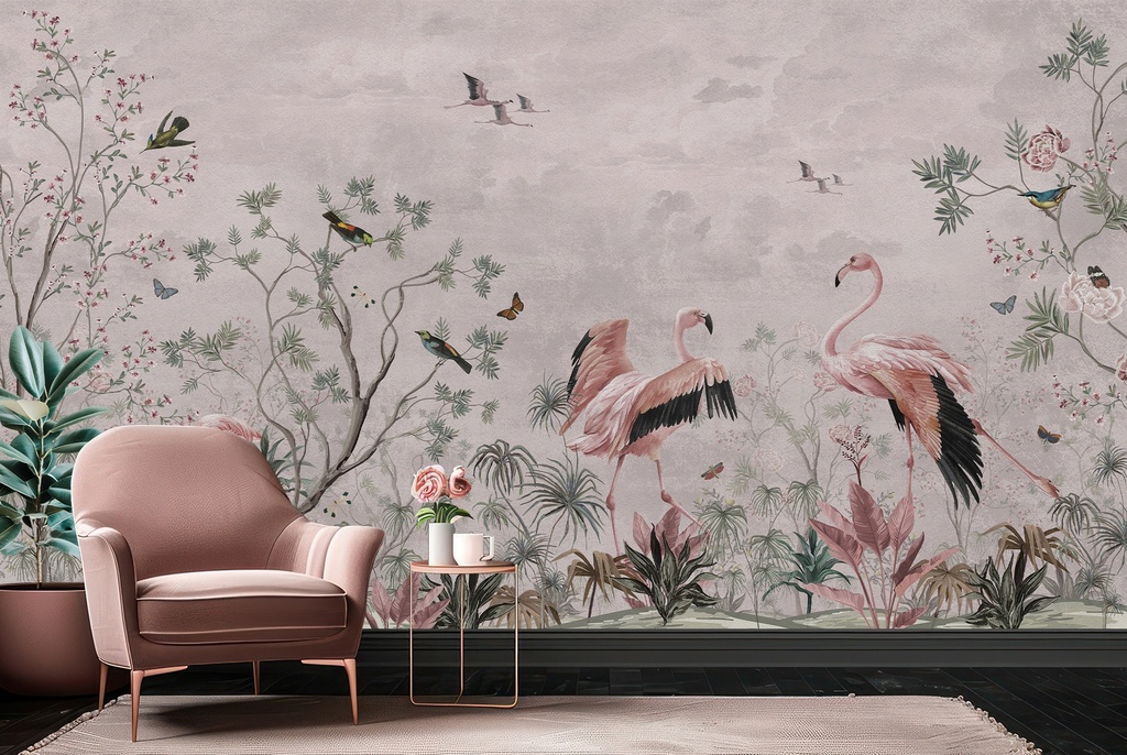 Flamingo Garden Chinoiserie Wall Mural Wallpaper