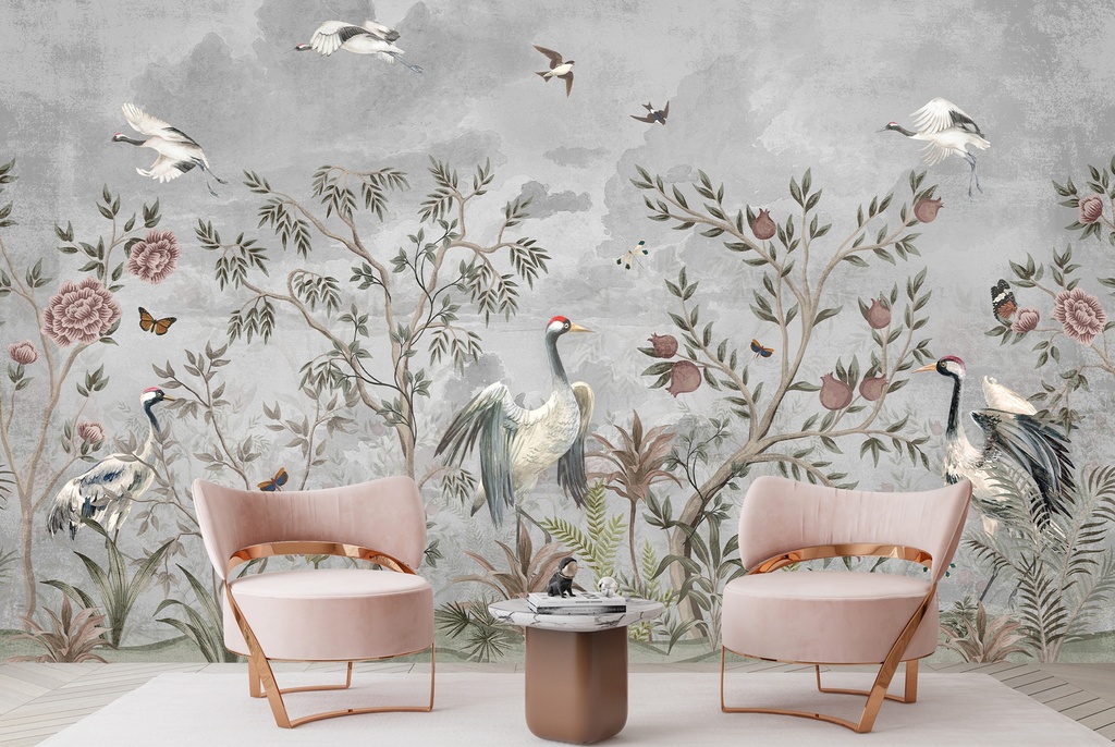 Grey Tropical Birds & Forest Chinoiserie Wall Mural Wallpaper