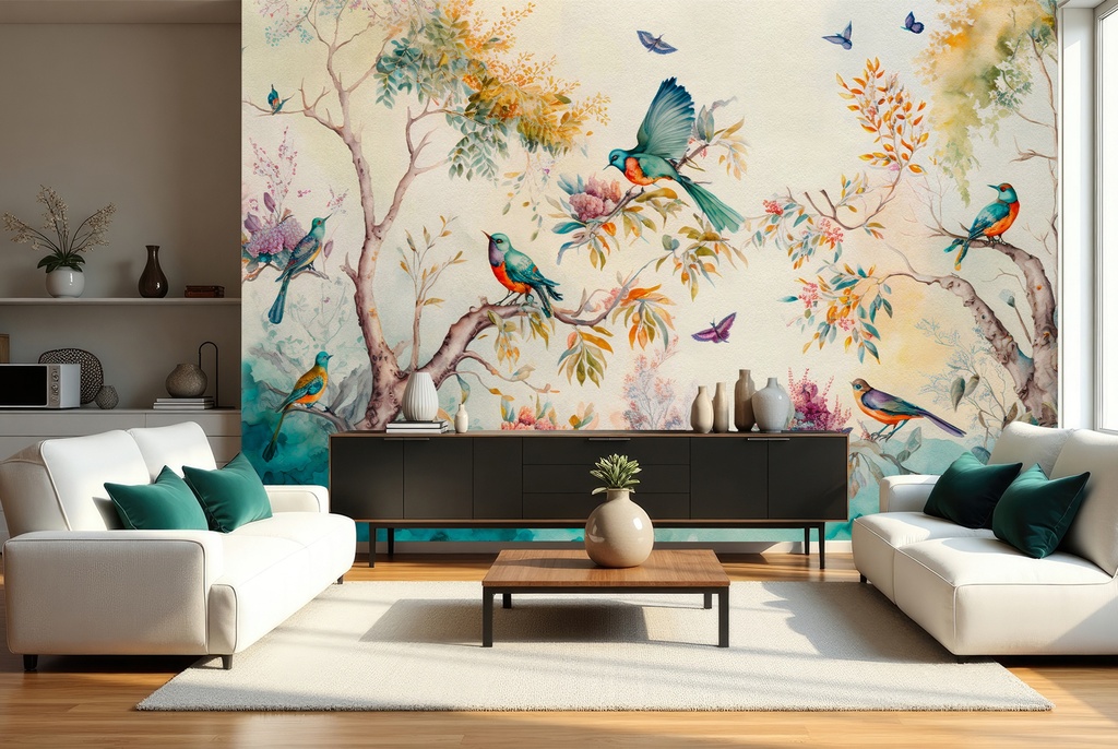 Pretty Birds & Trees Forest Landscape Chinoiserie Wall Mural Wallpaper