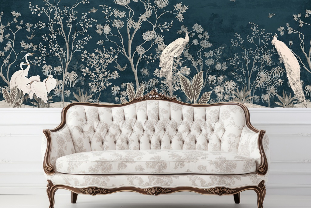 White & Blue Peacock Jungle Chinoiserie Wall Mural Wallpaper