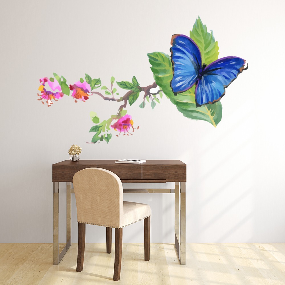 Blue Butterfly Flower Branch Wall Sticker