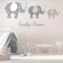 Custom Name Grey Elephants Nursery Wall Sticker Personalised Kids Room Decal