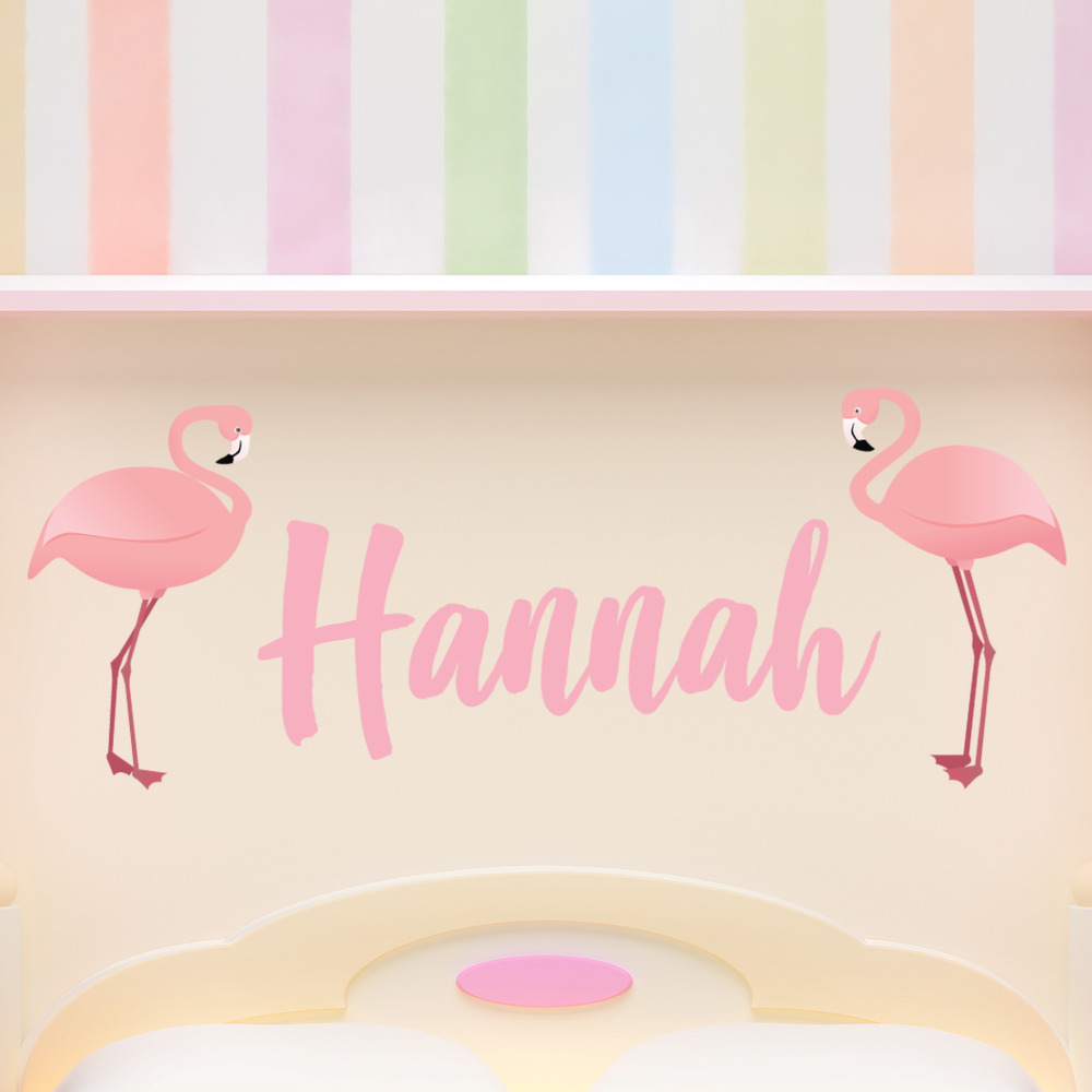 Custom Name Pink Flamingo Wall Sticker Personalised Kids Room Decal - Mod3