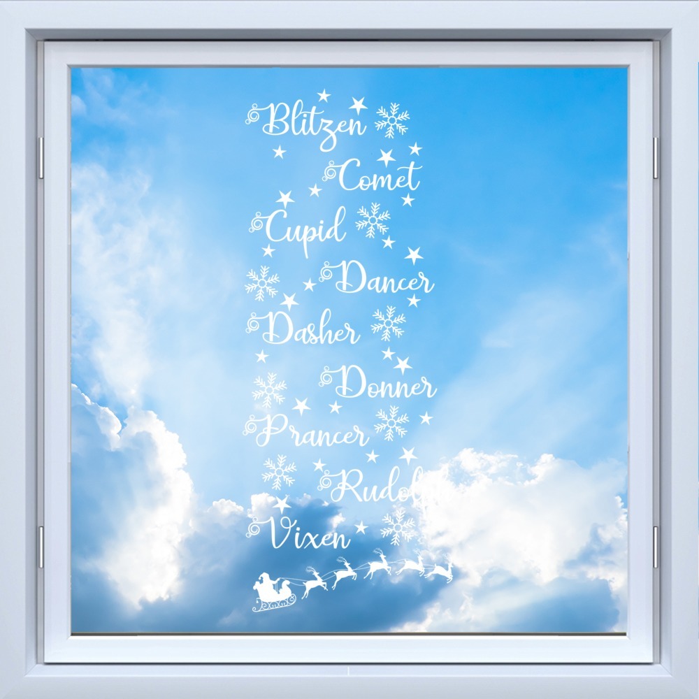 Blitzen Comet Cupid Santas Reindeer Christmas Frosted Window Sticker