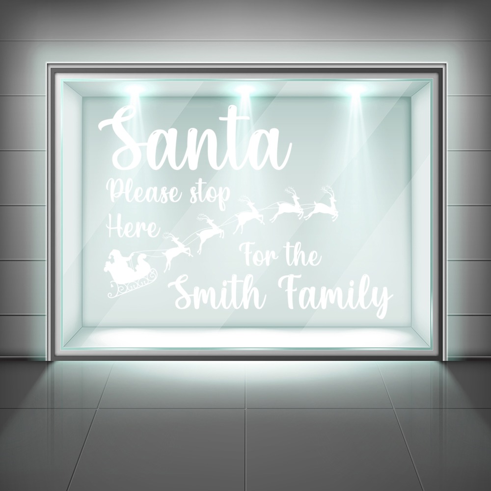 Personalised Family Name Santa Stop Here Christmas Frosted Window Sticker