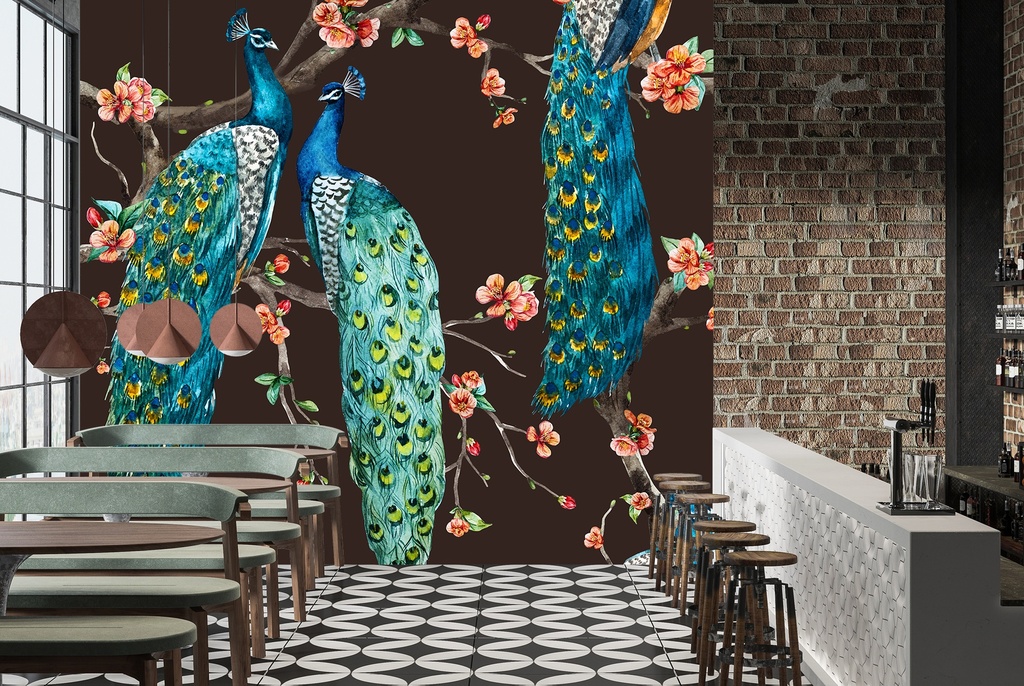 Cherry Blossom Peacocks Wall Mural Wallpaper