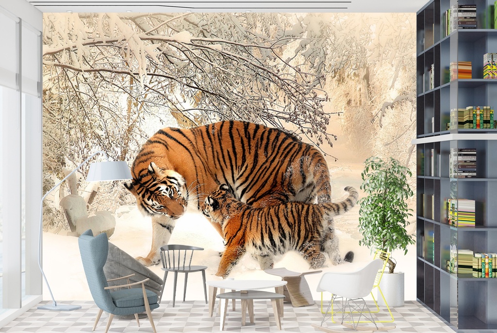 Tiger & Cub In Winter Snow Wall Mural Wallpaper