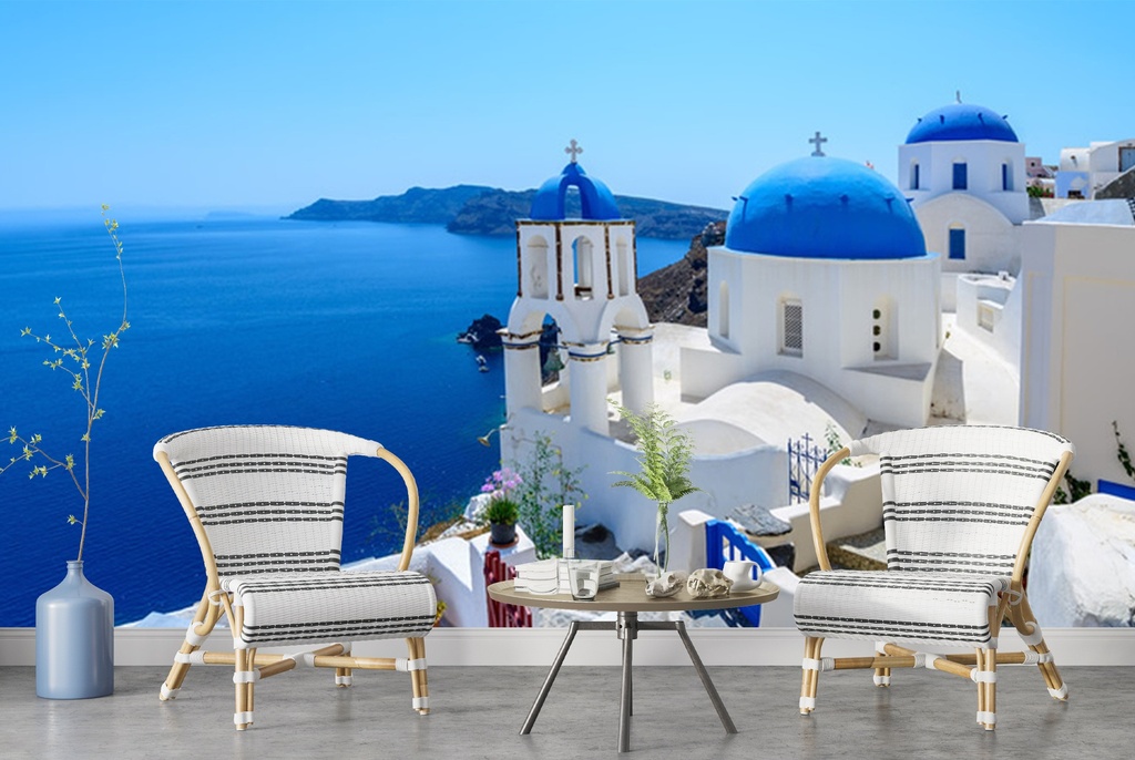 White Buildings, Blue Sea Greece Wall Mural Wallpaper