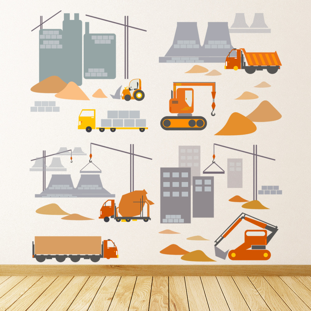 Building Site Construction Trucks Wall Sticker Set