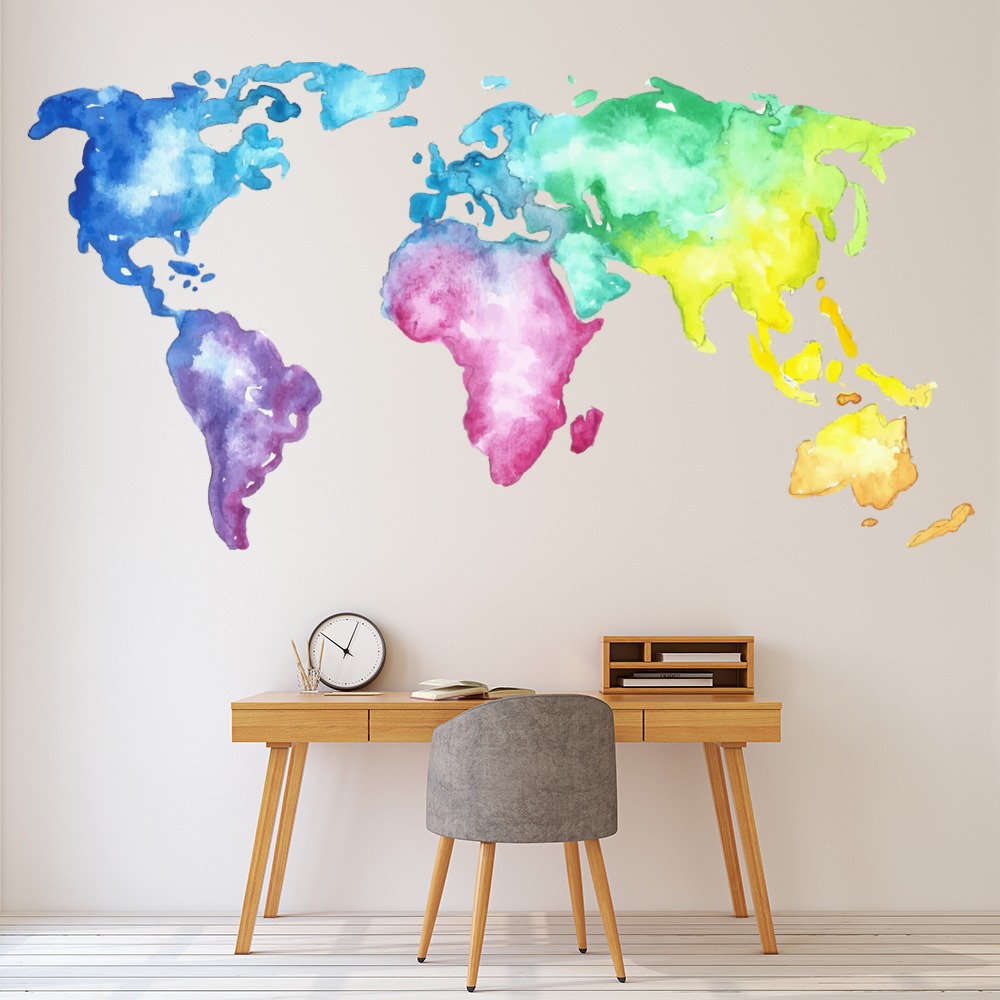 Bright Watercolour World Map Wall Sticker