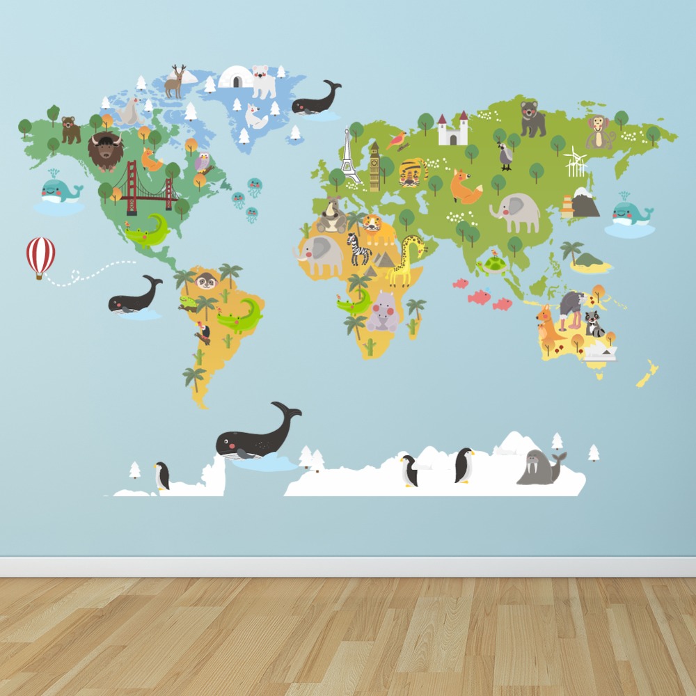 Childrens Animals World Map Wall Sticker