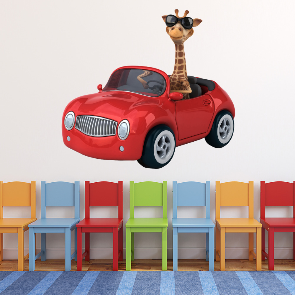Cool Giraffe Red Race Car Wall Sticker