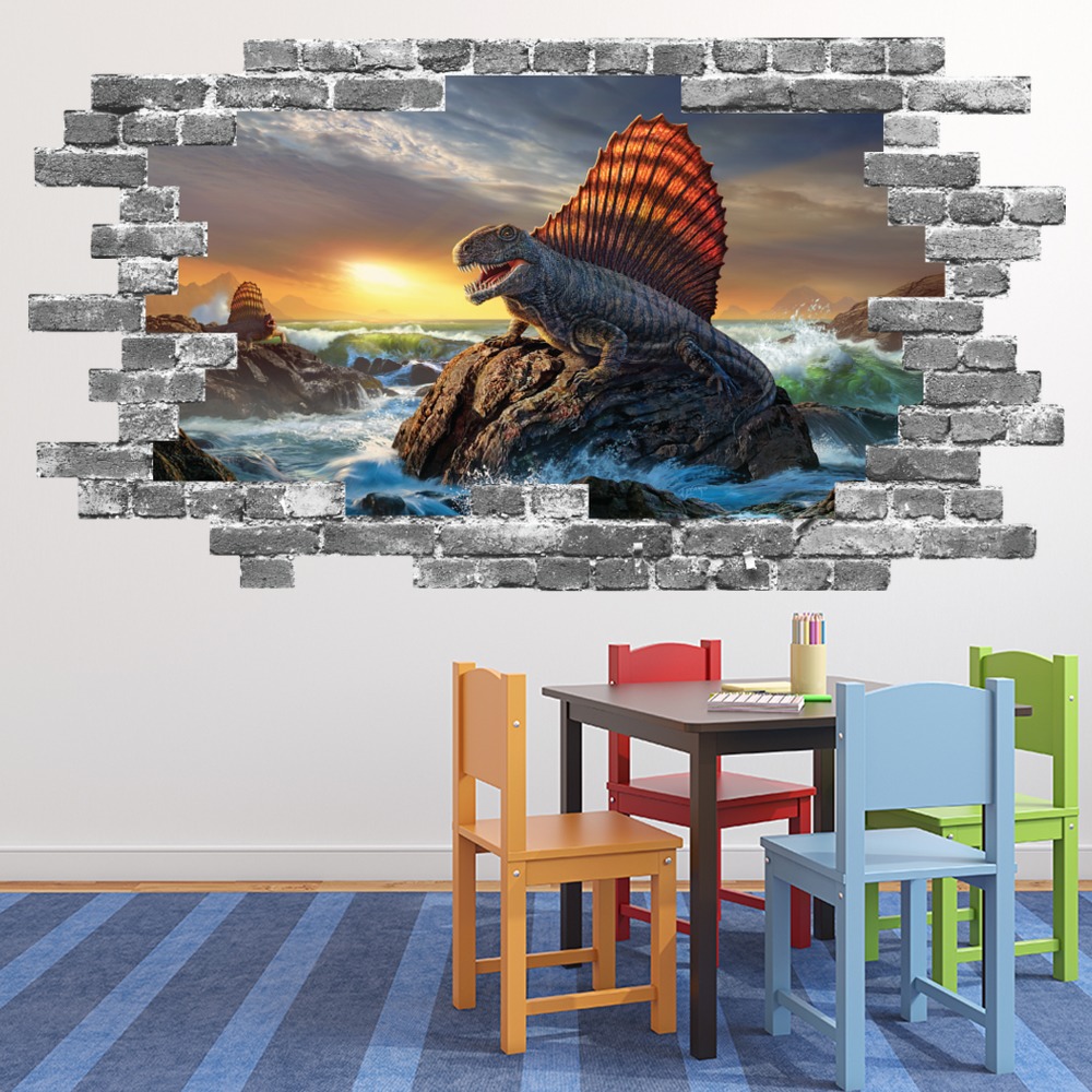 Dimetrodon Dinosaur Grey Brick 3D Hole In The Wall Sticker