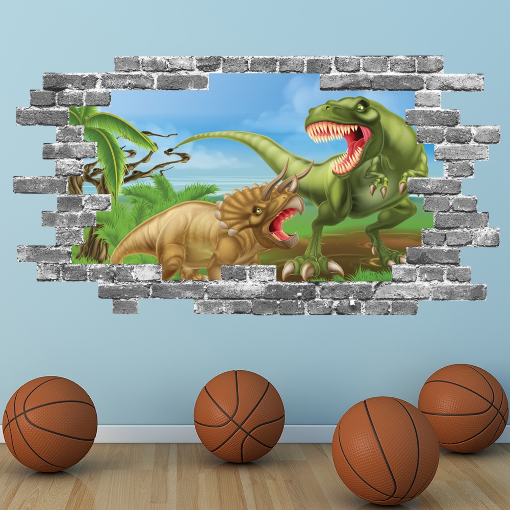 Dinosaur Battle T-Rex Grey Brick 3D Hole In The Wall Sticker