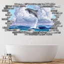 Dolphin Jump Ocean Grey Brick 3D Hole In The Wall Sticker