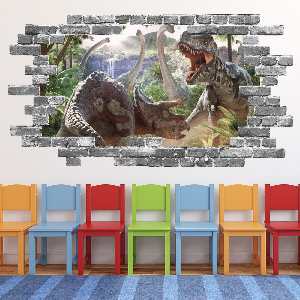 Dinosaur Battle T-Rex Triceratops Grey Brick 3D Hole In The Wall Sticker