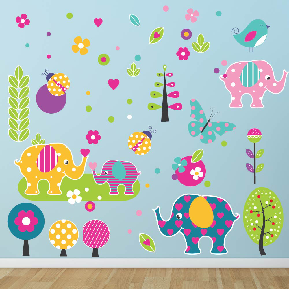 Elephant Flowers, & Trees Wall Sticker Set