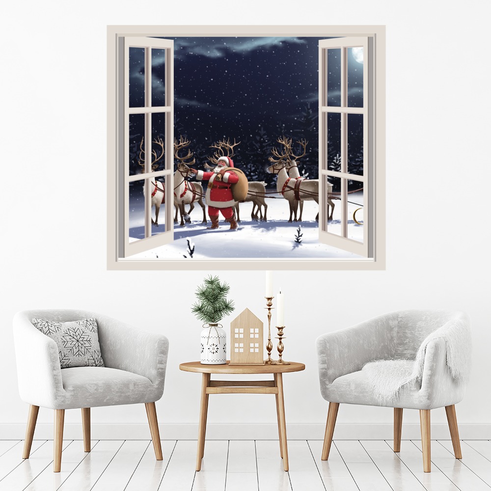 Father Christmas & Reindeer 3D Window Wall Sticker