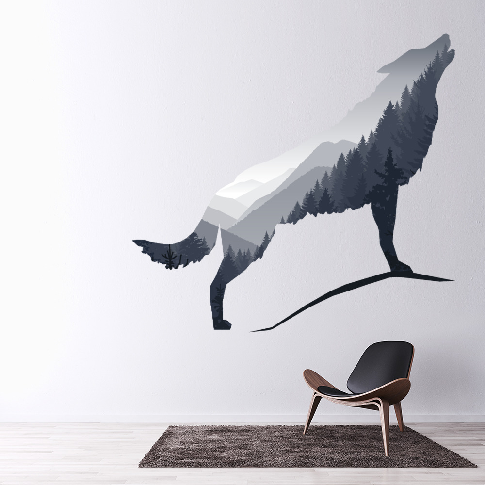 Howling Grey Wolf Mountain Landscape Wall Sticker