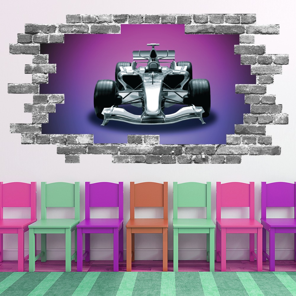 Formula Race Car Sports Grey Brick 3D Hole In The Wall Sticker