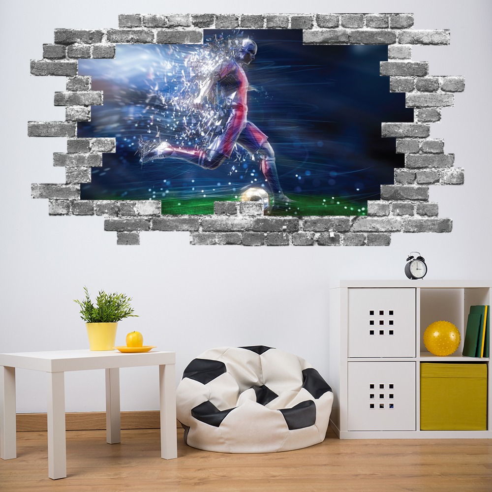 Football Player Striker Grey Brick 3D Hole In The Wall Sticker