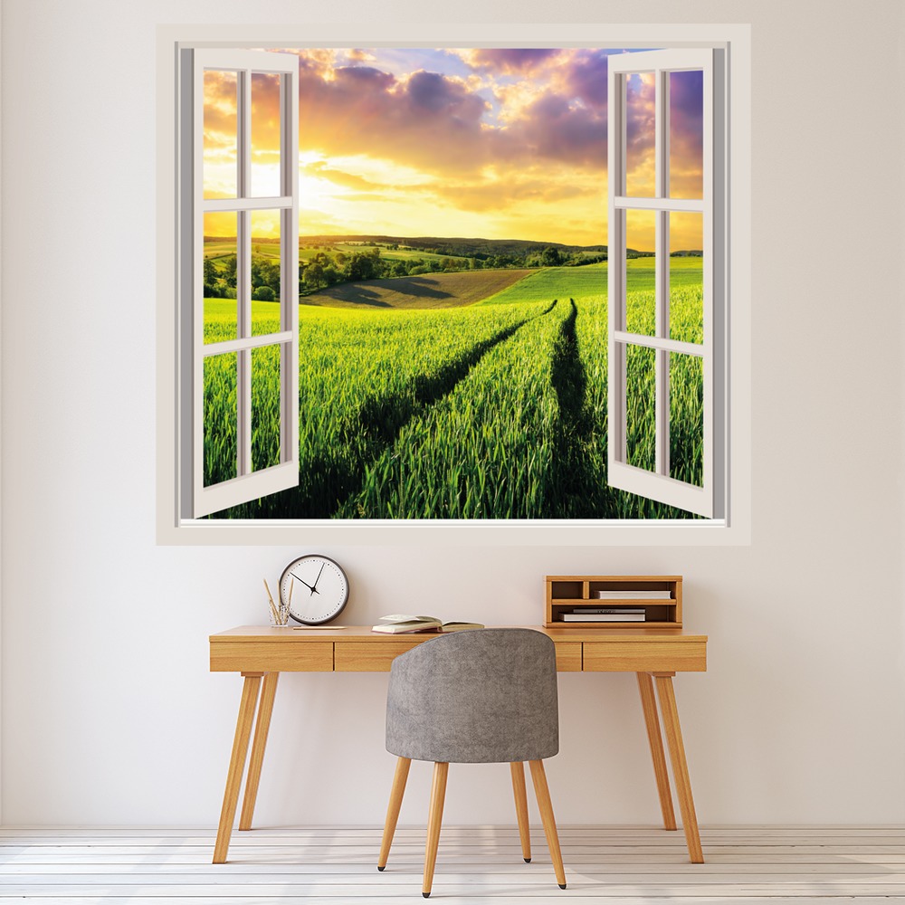 Green Field Sunset 3D Window Wall Sticker