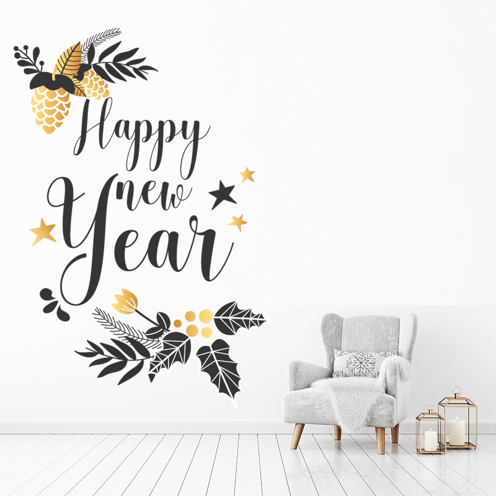 Gold & Black Design Happy New Year Christmas Wall Sticker