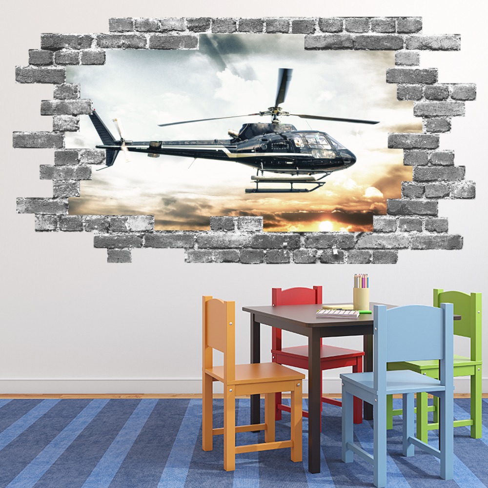Helicopter Grey Brick 3D Hole In The Wall Sticker