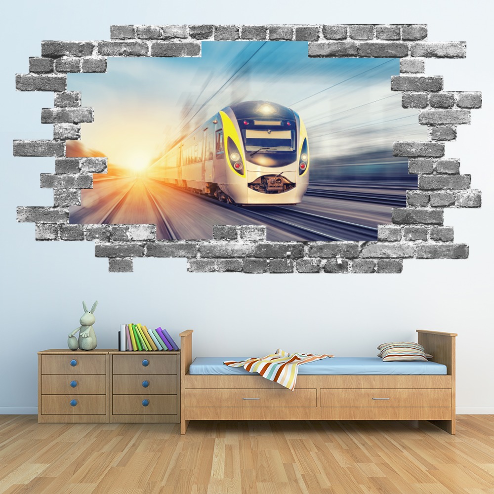 High Speed Railway Train Grey Brick 3D Hole In The Wall Sticker