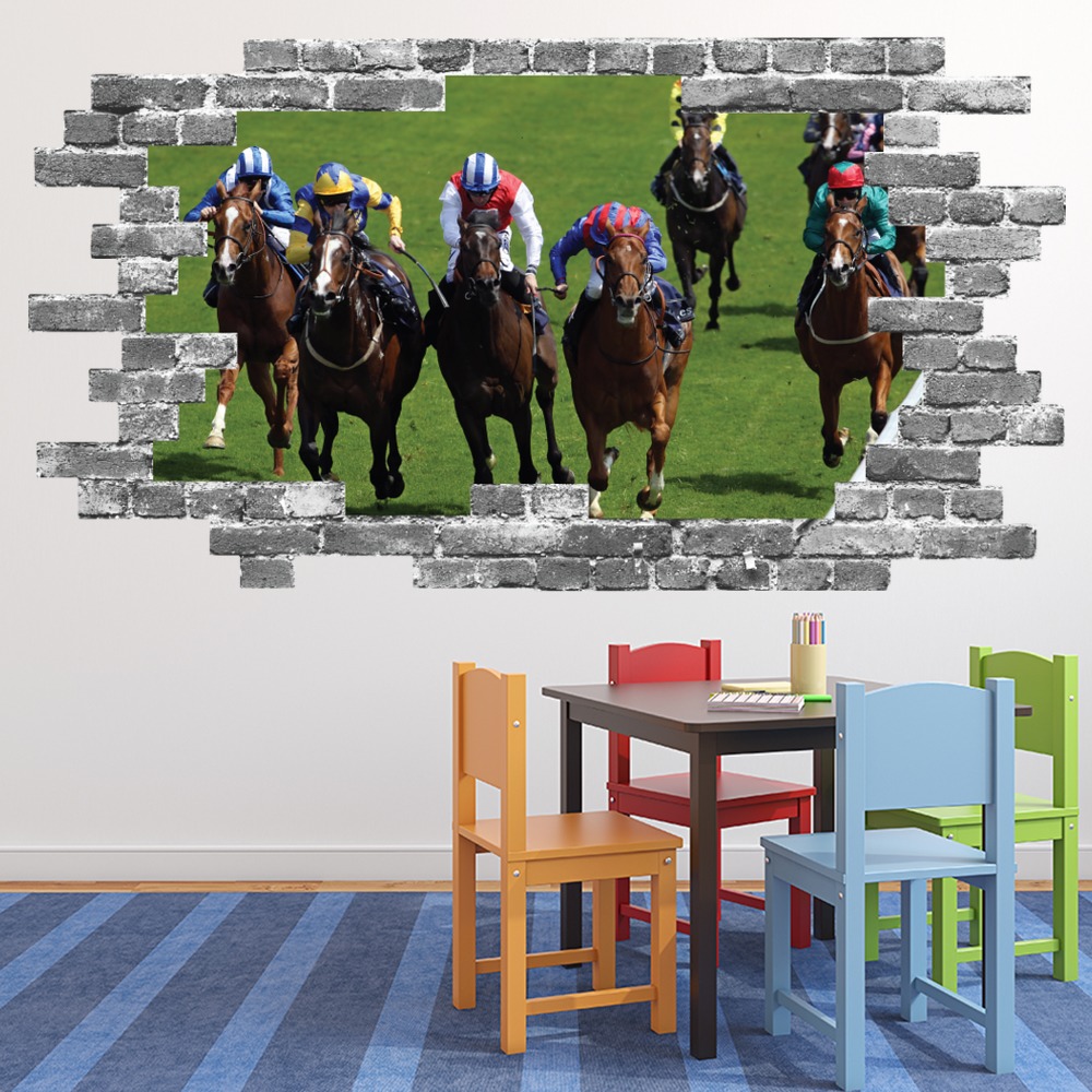 Horse Race Sports Grey Brick 3D Hole In The Wall Sticker