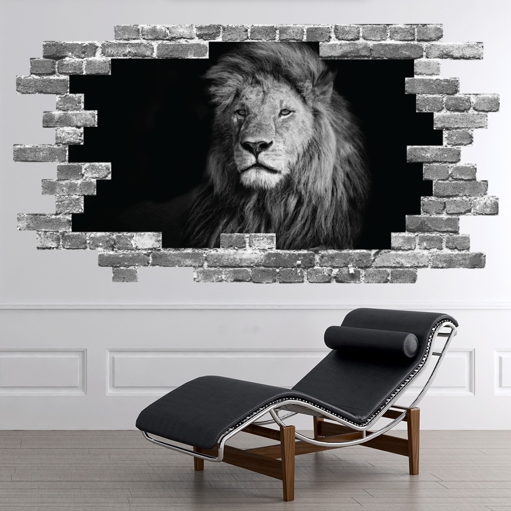 Lion Portrait Grey Brick 3D Hole In The Wall Sticker