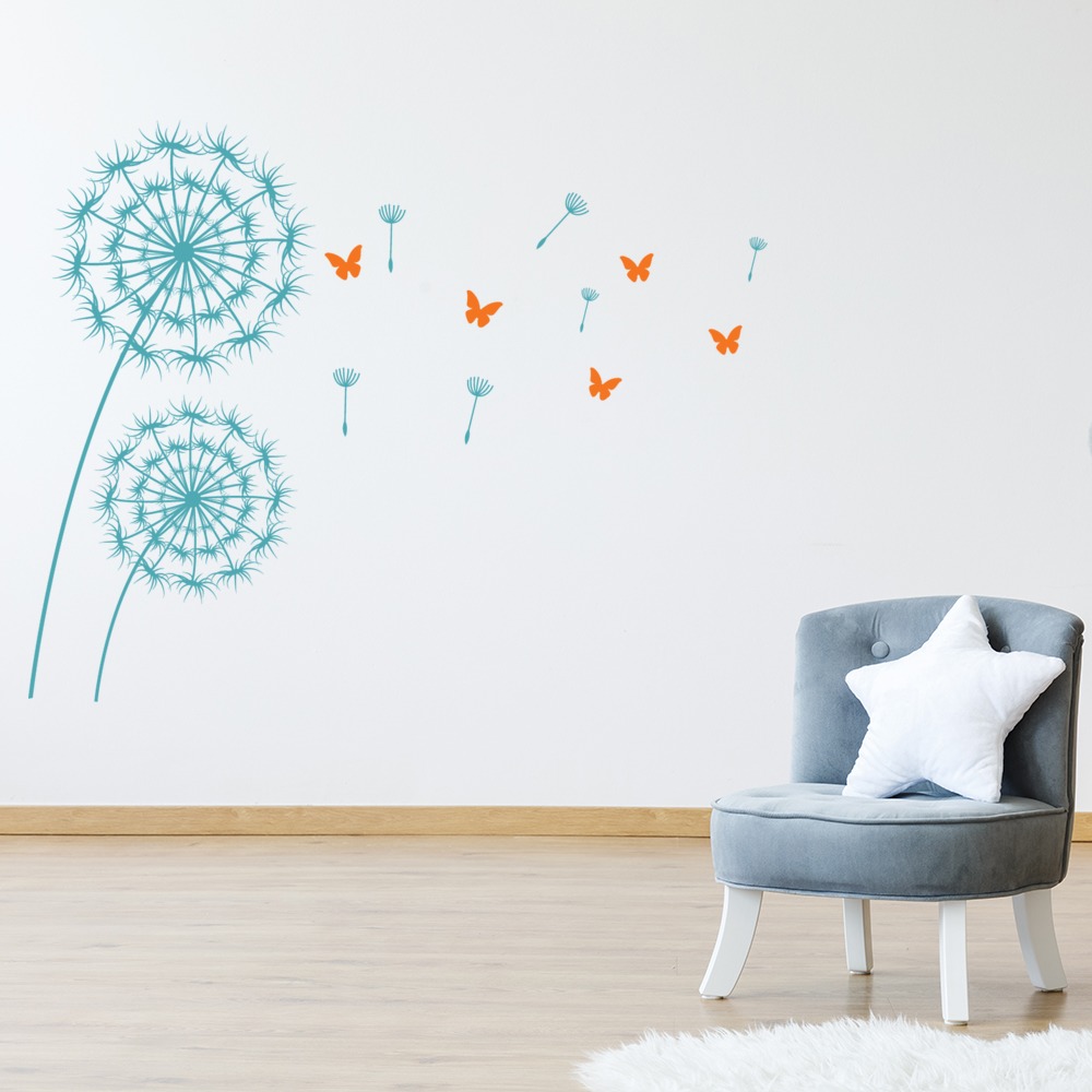 Orange Butterfly Blue Dandelions Wall Sticker