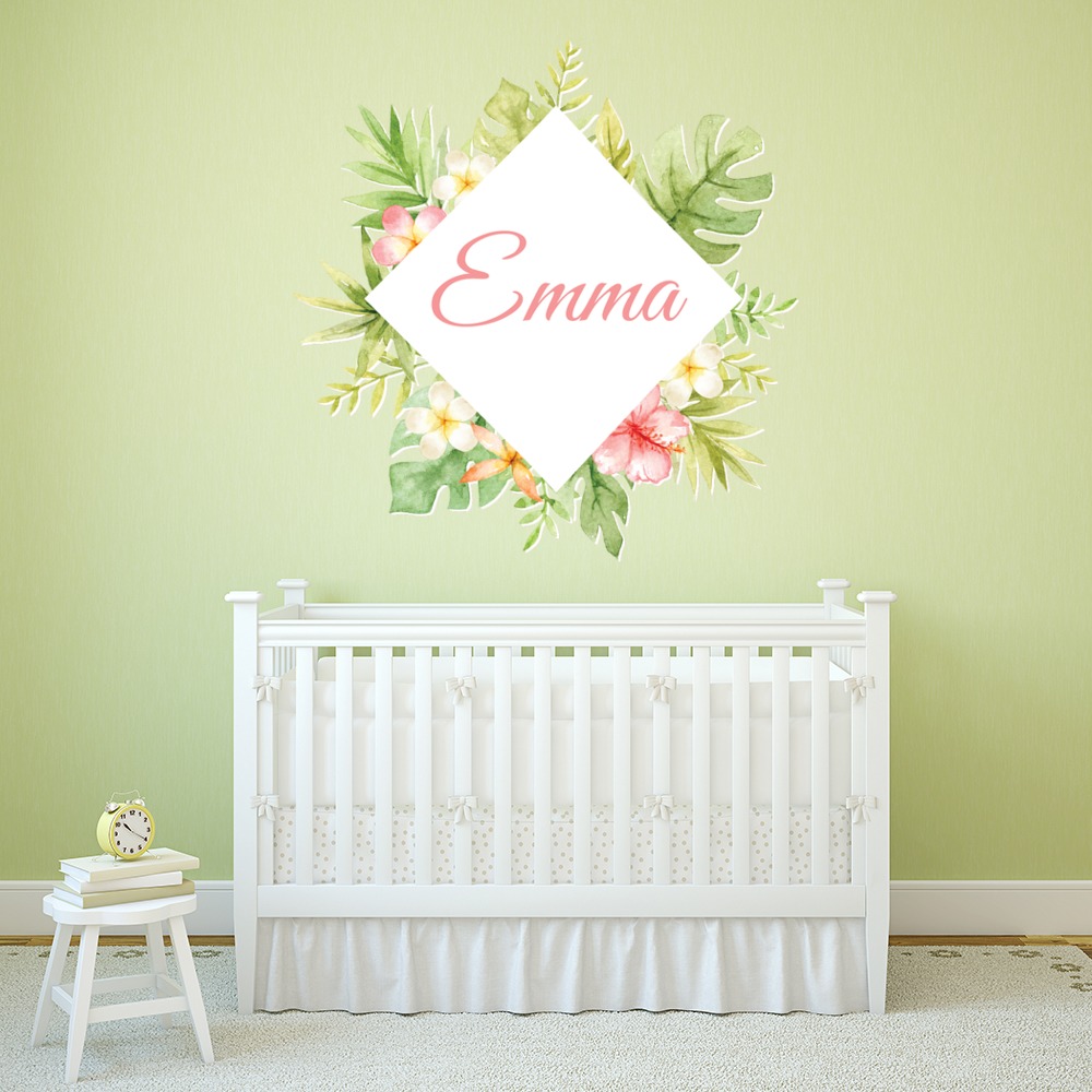 Personalised Name Tropical Leaves & Flowers Frame Wall Sticker