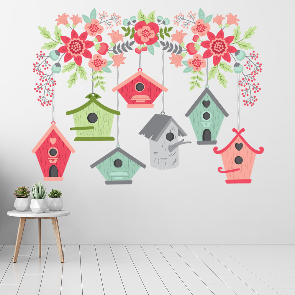 Floral Bird House Pink Flowers Wall Sticker