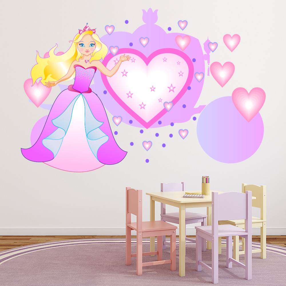 Pink Princess Love Heart Carriage Wall Sticker
