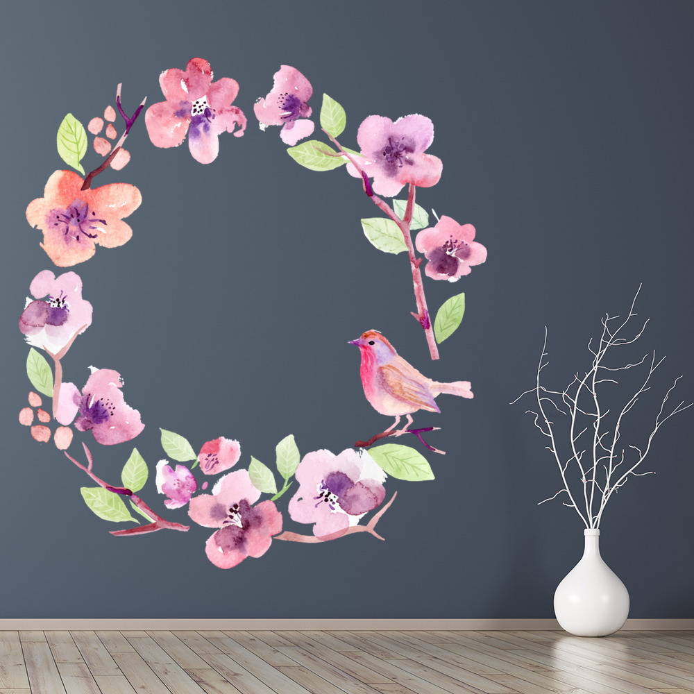 Purple Flower Bird Frame Wall Sticker